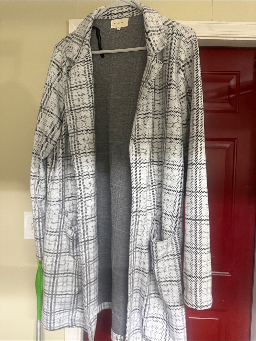 Madewell White and Gray Plaid Open-Front Long Blazer
